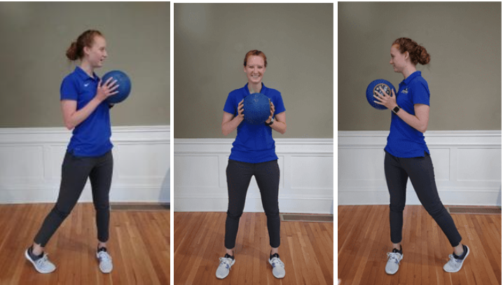 Three frames of a woman in a blue shirt rotating her upper body as she holds a medicine ball.