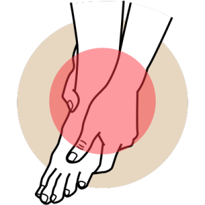 A stick person grabs their foot in their hands