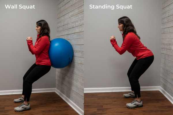 Image of a Physical Therapist demonstrating a wall squat.