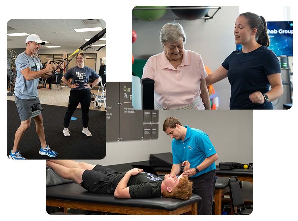 Jake Woodrich, PT DPT CSCS, Laura Rowand, PTA, and Serena Jung, PTA treating their patients at their clinics.
