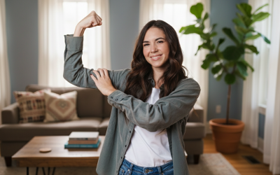 Image of a mid-aged woman smiling and flexing her arm, showing positive strength. Image used for the 2026 YMCA Wellness Series class, "Stronger Core, Stronger Pelvic Floor"