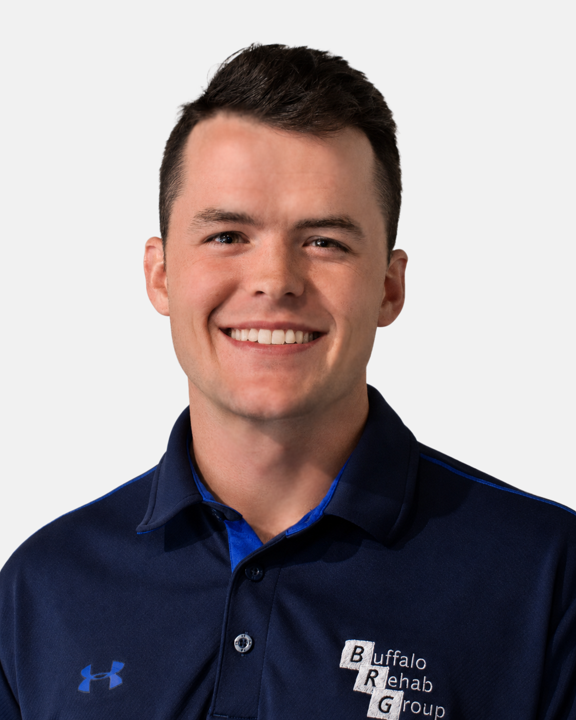 Headshot of Dan Dlugosz, PT DPT, smiling in a blue Buffalo Rehab Group polo shirt.