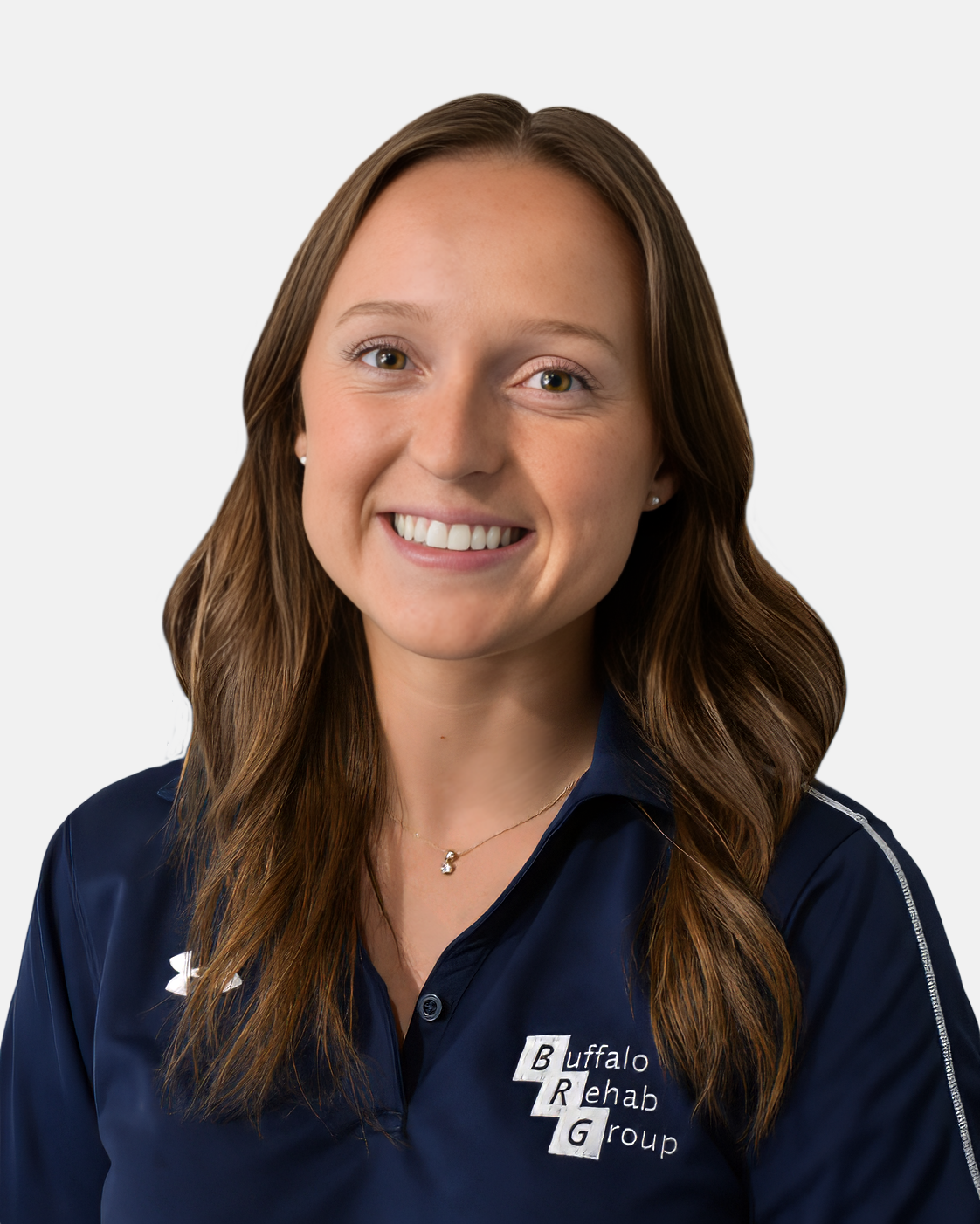 Headshot of Cate Robarge, PT DPT, smiling in a blue Buffalo Rehab Group polo shirt.