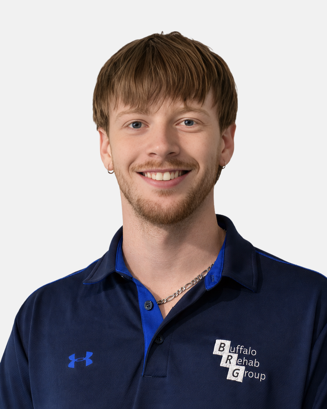 Headshot of Jake Wilsen, PT DPT, smiling in a blue Buffalo Rehab Group polo shirt.