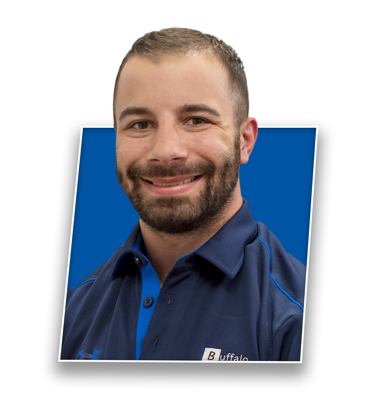 Headshot of John Bard, PT DPT CSCS, smiling in a blue Buffalo Rehab Group shirt.