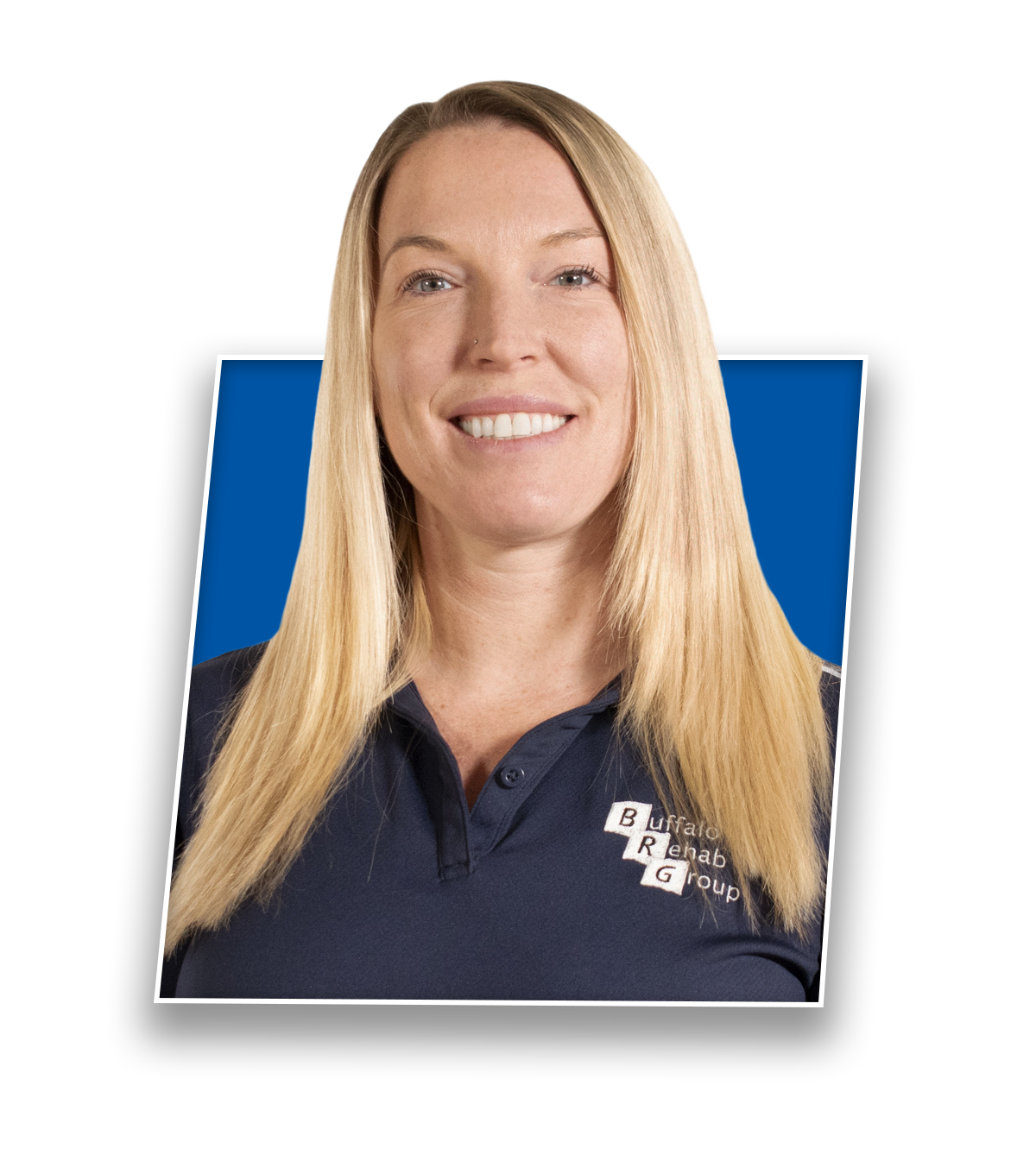 Headshot of Brandy Clarke, MS OTR/L, smiling in a blue Buffalo Rehab Group shirt.<br />
