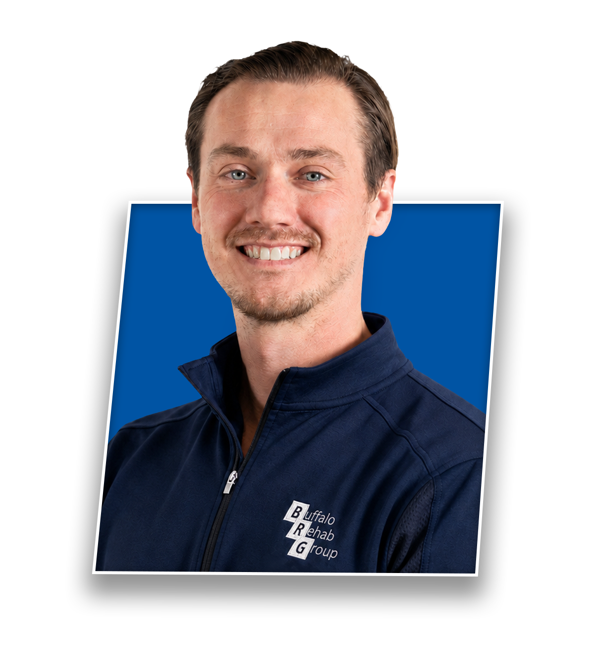 Headshot of Sean Fox, PT DPT FAFS, smiling in a blue Buffalo Rehab Group shirt.