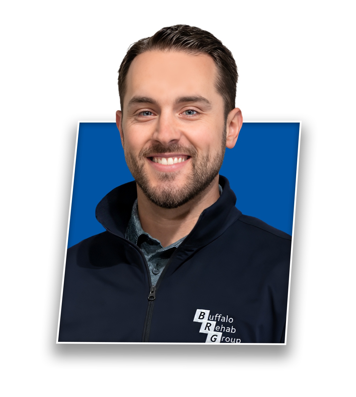 Headshot of John Mayer, PT DPT NCS, smiling in a blue Buffalo Rehab Group shirt.