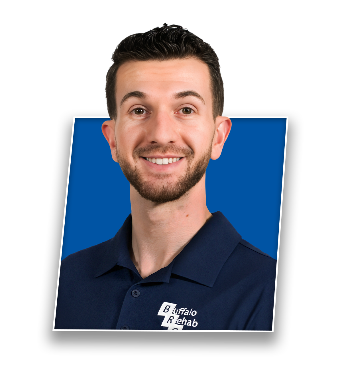 Headshot of Matt Taylor, PT DPT, smiling in a blue Buffalo Rehab Group shirt.