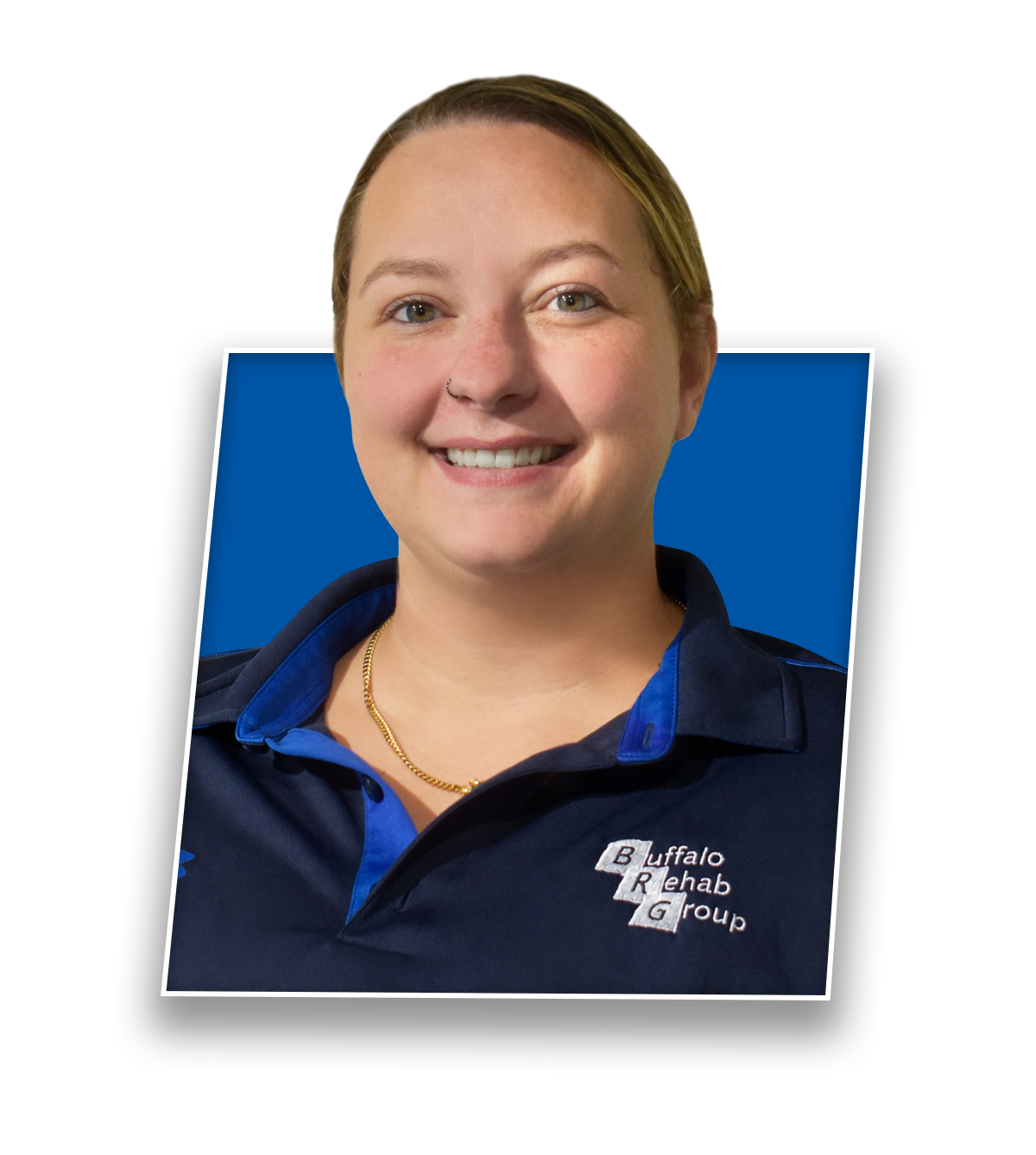 Headshot of Katie Wolfley, PT DPT, smiling in a blue Buffalo Rehab Group shirt.